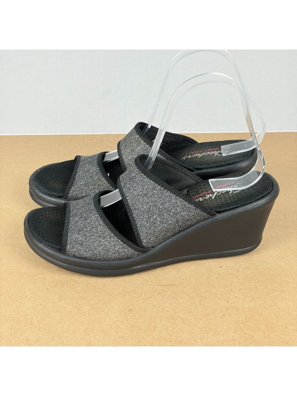 Skechers Rumblers Wedge Sandals Womens 8 Black Gray Slip On Casual Comfort